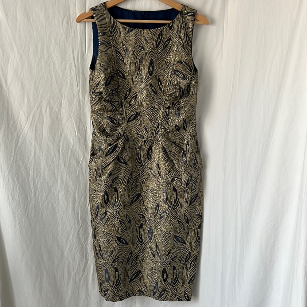 David Meister Blue & Gold Jacquard Sleeveless Dress Size 6